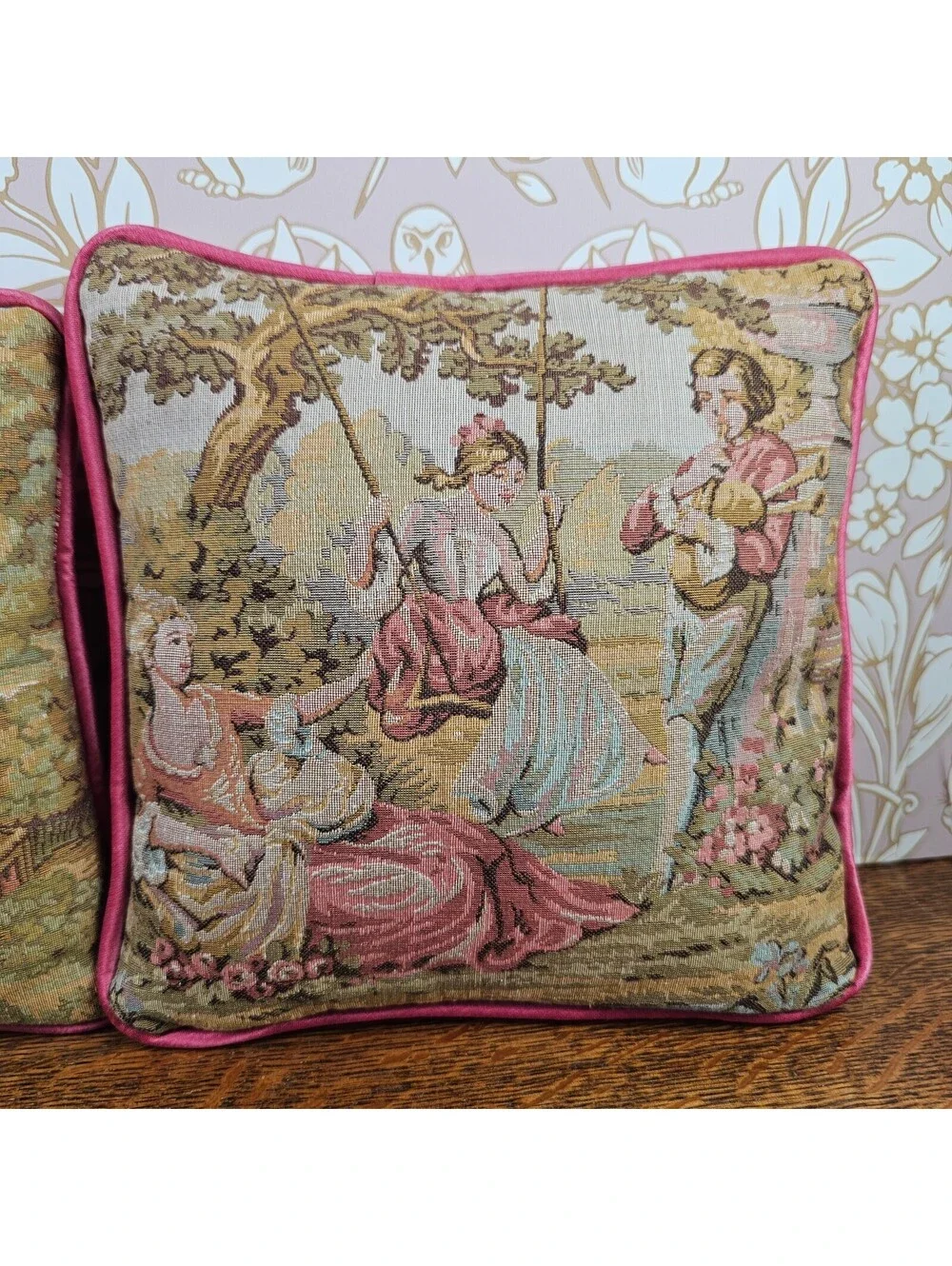 Pair Vintage French Country Tapestry Pillows Pastoral Courting Scenes Pink
